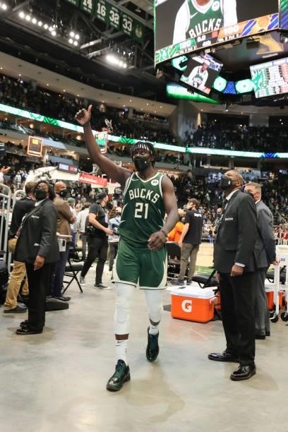 Jrue Holiday of the Milwaukee Bucks walks off of the court after the game against the Phoenix Suns during Game Three of the 2021 NBA Finals on July...
