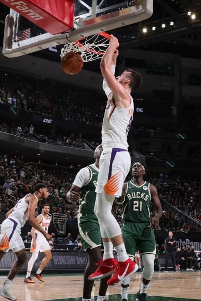 Frank Kaminsky of the Phoenix Suns dunks the ball during Game Three of the 2021 NBA Finals on July 11, 2021 at the Fiserv Forum Center in Milwaukee,...