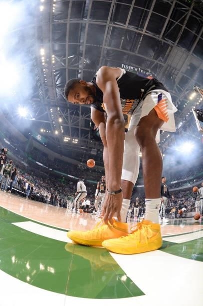Mikal Bridges of the Phoenix Suns warms up before the game against the Milwaukee Bucks during Game Three of the 2021 NBA Finals on July 11, 2021 at...