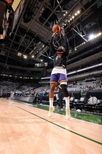 Jae Crowder of the Phoenix Suns warms up before the game against the Milwaukee Bucks during Game Three of the 2021 NBA Finals on July 11, 2021 at the...