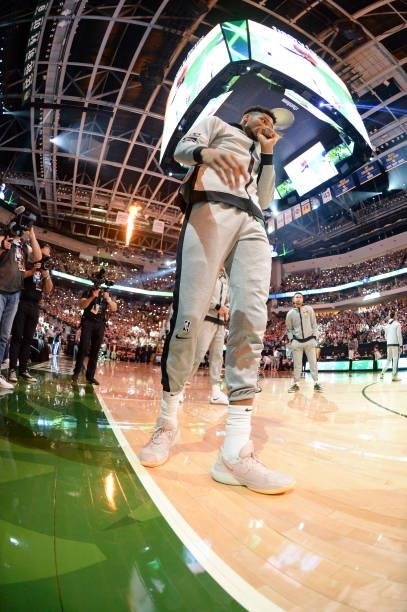 Giannis Antetokounmpo of the Milwaukee Bucks looks on before the game against the Phoenix Suns during Game Three of the 2021 NBA Finals on July 11,...