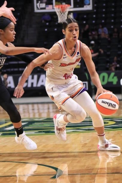 Skylar Diggins-Smith of the Phoenix Mercury drives to the basket against the Seattle Storm on July 11, 2021 at the Angel of the Winds Arena, in...