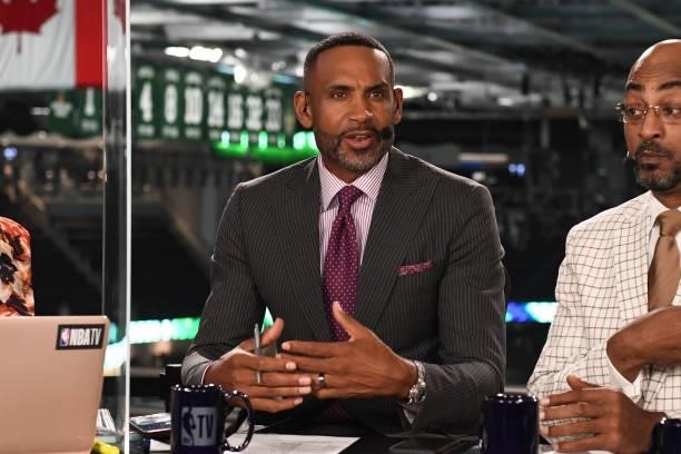 July 11: NBATV analyst, Grant Hill looks on after Game Three of the 2021 NBA Finals on July 11, 2021 at the Fiserv Forum Center in Milwaukee,...