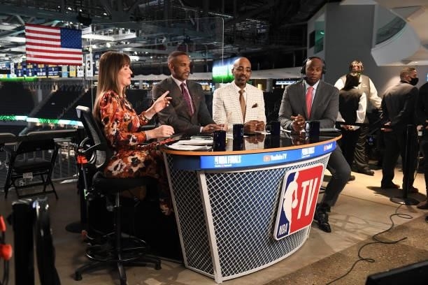 July 11: NBATV analysts, Kristen Ledlow, Grant Hill, Dennis Scott and Brendan Haywood look on after Game Three of the 2021 NBA Finals on July 11,...