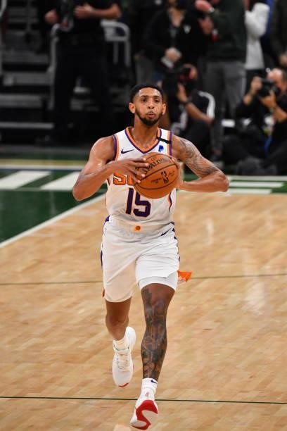 Cameron Payne of the Phoenix Suns passes the ball against the Milwaukee Bucks during Game Three of the 2021 NBA Finals on July 11, 2021 at Fiserv...