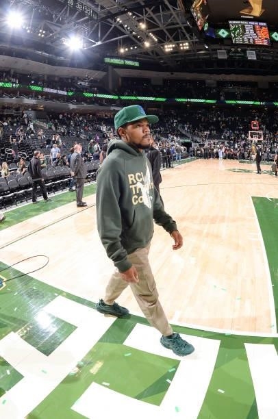 Rapper, Chance the Rapper looks on after the game between the Phoenix Suns and Milwaukee Bucks during Game Three of the 2021 NBA Finals on July 11,...