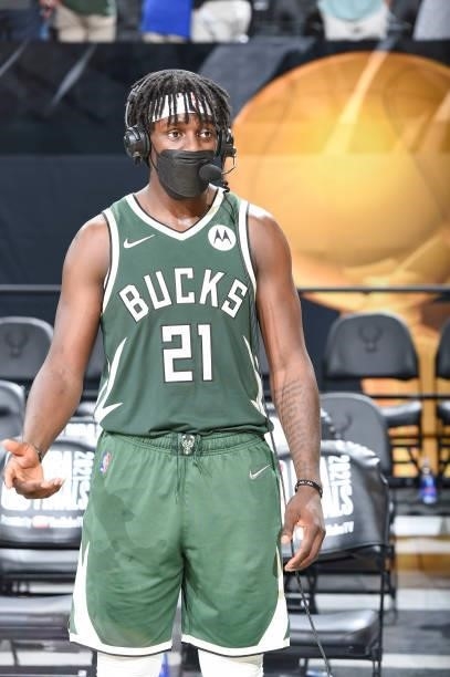 Jrue Holiday of the Milwaukee Bucks talks to the media after the game against the Phoenix Suns during Game Three of the 2021 NBA Finals on July 11,...