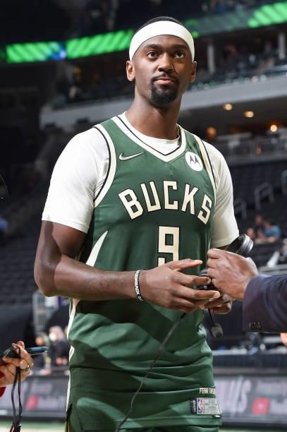 Bobby Portis of the Milwaukee Bucks talks to the media after the game against the Phoenix Suns during Game Three of the 2021 NBA Finals on July 11,...