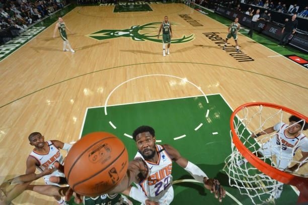 Deandre Ayton of the Phoenix Suns grabs the rebound against the Milwaukee Bucks during Game Three of the 2021 NBA Finals on July 11, 2021 at Fiserv...