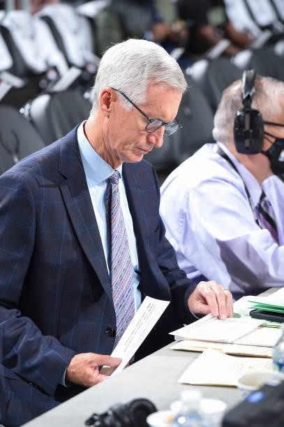 Announcer, Mike Breen looks on before the game between the Phoenix Suns and Milwaukee Bucks during Game Three of the 2021 NBA Finals on July 11, 2021...