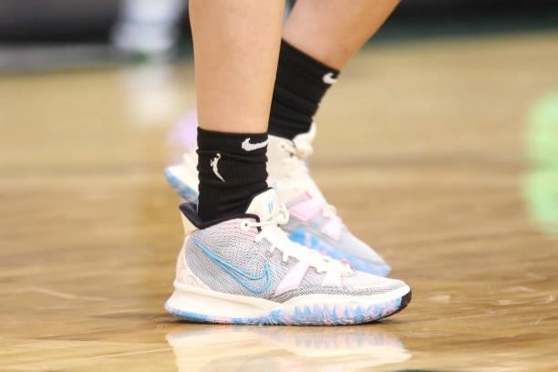 The sneakers worn by Sue Bird of the Seattle Storm during the game against the Phoenix Mercury on July 11, 2021 at the Angel of the Winds Arena, in...