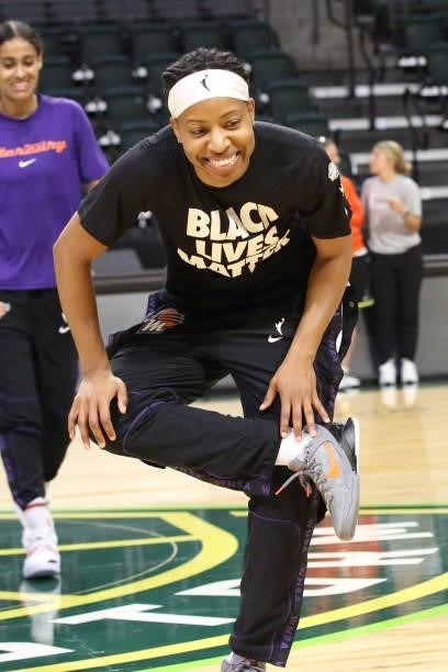Shey Peddy of the Phoenix Mercury smiles before the game against the Seattle Storm on July 11, 2021 at the Angel of the Winds Arena, in Everett,...