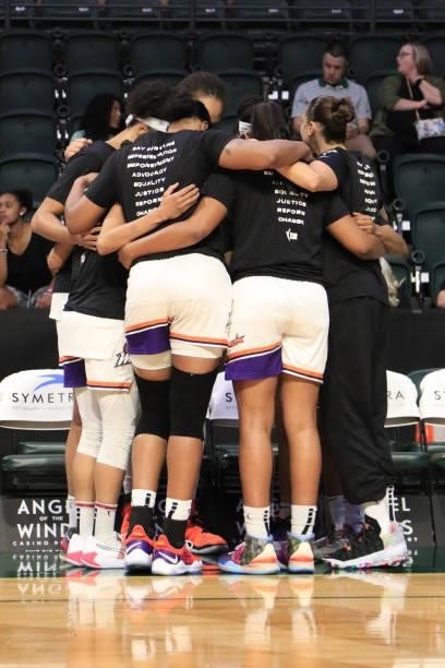 The Phoenix Mercury huddle up before the game against the Seattle Storm on July 11, 2021 at the Angel of the Winds Arena, in Everett, Washington....