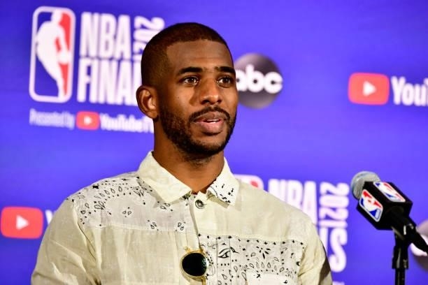 July 11: Chris Paul of the Phoenix Suns talks to the media after the game against the Milwaukee Bucks during Game Three of the 2021 NBA Finals on...