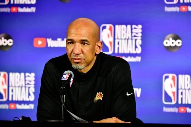 July 11: Head Coach Monty Williams of the Phoenix Suns talks to the media after the game against the Milwaukee Bucks during Game Three of the 2021...