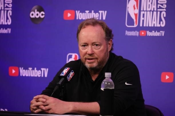Head Coach Mike Budenholzer of the Milwaukee Bucks talks to the media after the game against the Phoenix Suns during during Game Three of the 2021...