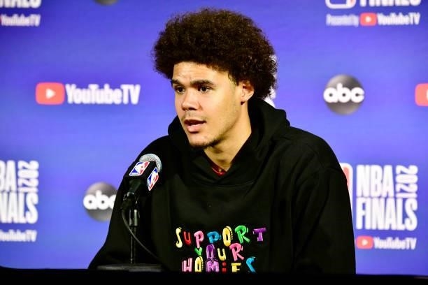 July 11: Cameron Johnson of the Phoenix Suns talks to the media after the game against the Milwaukee Bucks during Game Three of the 2021 NBA Finals...