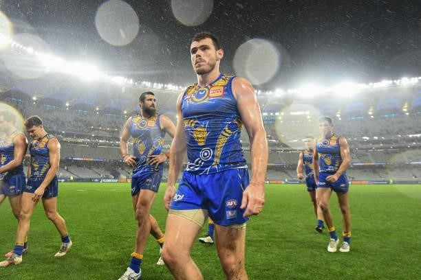 Luke Shuey of the Eagles looks dejected after a loss during the 2021 AFL Round 17 match between the West Coast Eagles and the North Melbourne...