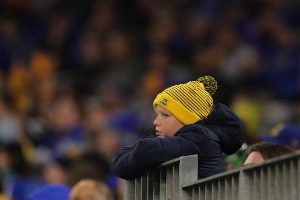 An Eagles fan looks on during the 2021 AFL Round 17 match between the West Coast Eagles and the North Melbourne Kangaroos at Optus Stadium on July...
