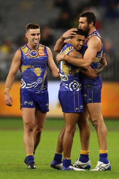 Tim Kelly of the Eagles celebrates after scoring a goal during the 2021 AFL Round 17 match between the West Coast Eagles and the North Melbourne...