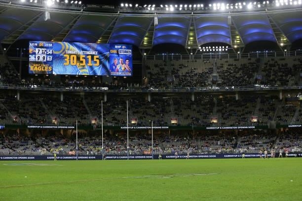 The official attendance can be seen during the 2021 AFL Round 17 match between the West Coast Eagles and the North Melbourne Kangaroos at Optus...