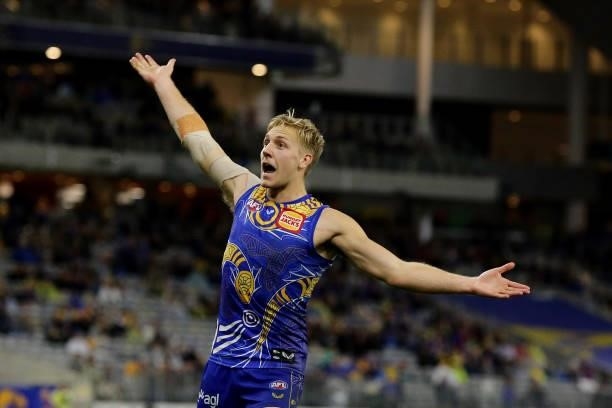 Oscar Allen of the Eagles celebrates after scoring a goal during the 2021 AFL Round 17 match between the West Coast Eagles and the North Melbourne...