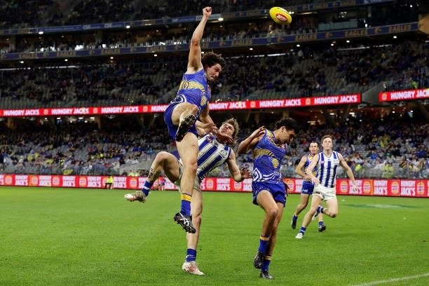 Tom Barrass of the Eagles in action during the 2021 AFL Round 17 match between the West Coast Eagles and the North Melbourne Kangaroos at Optus...
