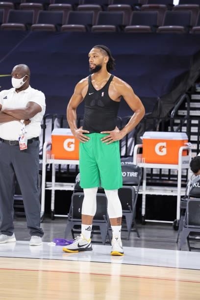 Jahlil Okafor of Nigeria looks on before the game against the Men's USA National Team on July 10, 2021 at Michelob ULTRA Arena in Las Vegas, Nevada....