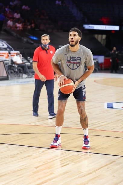 Jayson Tatum of the USA Men's National Team warms up before the game against the Nigeria Men's National Team on July 10, 2021 at Michelob ULTRA Arena...