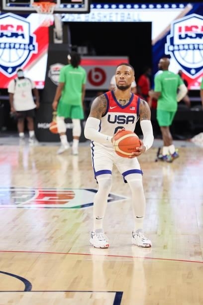 Damian Lillard of the USA Men's National Team warms up before the game against the Nigeria Men's National Team on July 10, 2021 at Michelob ULTRA...