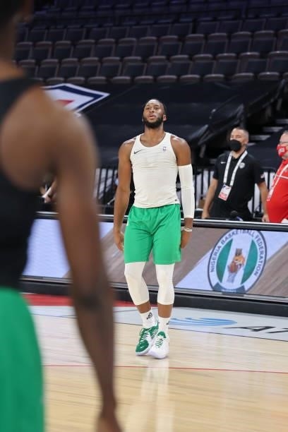 Josh Okogie of the Nigeria Men's National Team warms up before the game against the USA Men's National Team on July 10, 2021 at Michelob ULTRA Arena...