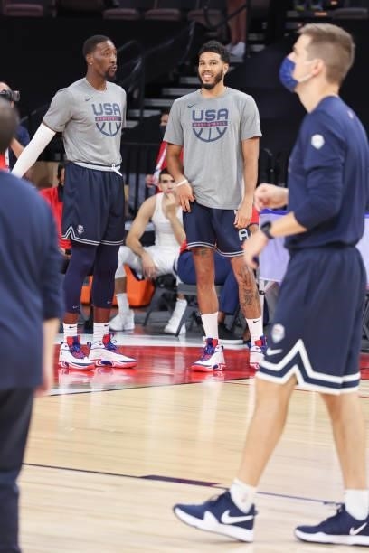 Bam Adebayo of the USA Men's National Team talks to Jayson Tatum of the USA Men's National Team before the game against the Nigeria Men's National...