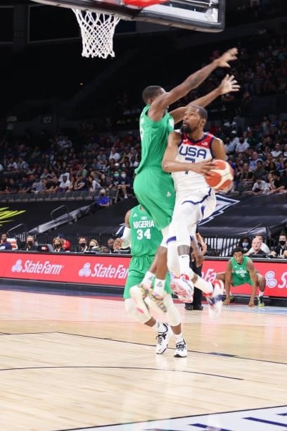 Kevin Durant of the USA Men's National Team drives to the basket during the game against the Nigeria Men's National Team on July 10, 2021 at Michelob...
