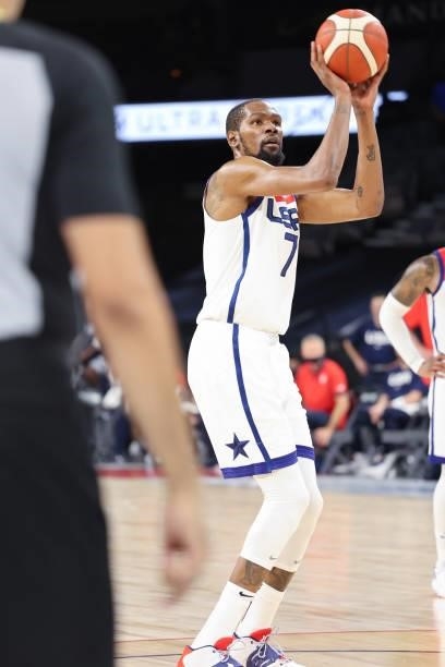 Kevin Durant of the USA Men's National Team shoots a free throw during the game against the Nigeria Men's National Team on July 10, 2021 at Michelob...