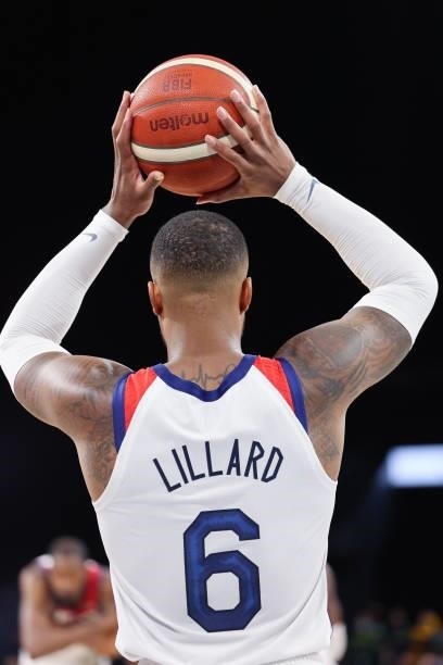Damian Lillard of the USA Men's National Team handles the ball during the game against the Nigeria Men's National Team on July 10, 2021 at Michelob...