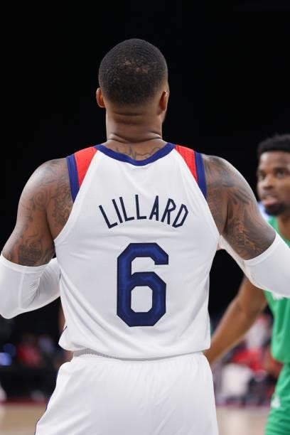 Damian Lillard of the USA Men's National Team looks on during the game against the Nigeria Men's National Team on July 10, 2021 at Michelob ULTRA...