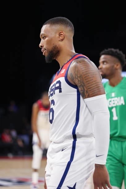 Damian Lillard of the USA Men's National Team looks on during the game against the Nigeria Men's National Team on July 10, 2021 at Michelob ULTRA...