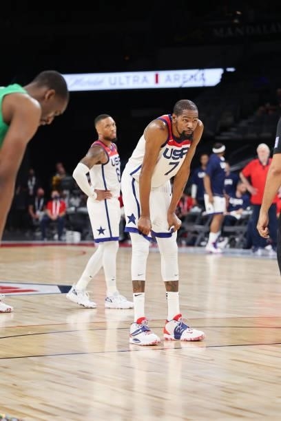Kevin Durant of the USA Men's National Team prepares to shoot a free throw during the game against the Nigeria Men's National Team on July 10, 2021...