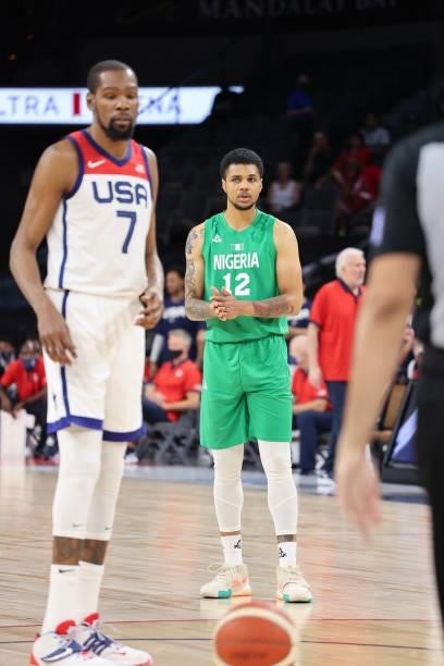 Michael Gbinije of the Nigeria Men's National Team looks on during the game against the USA Men's National Team on July 10, 2021 at Michelob ULTRA...