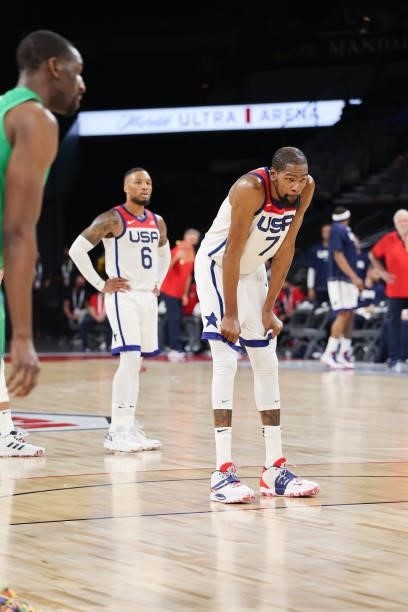 Kevin Durant of the USA Men's National Team prepares to shoot a free throw during the game against the Nigeria Men's National Team on July 10, 2021...