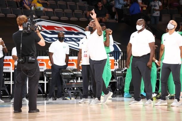 Head Coach Mike Brown of the Nigeria Men's National Team waves before the game against the USA Men's National Team on July 10, 2021 at Michelob ULTRA...