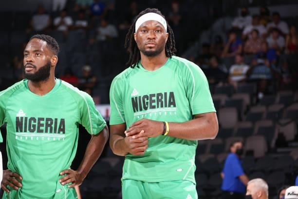Precious Achiuwa of the Nigeria Men's National Team looks on before the game against the USA Men's National Team on July 10, 2021 at Michelob ULTRA...
