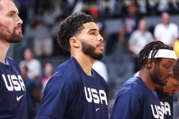 Jayson Tatum of the USA Men's National Team looks on before the game against the Nigeria Men's National Team on July 10, 2021 at Michelob ULTRA Arena...