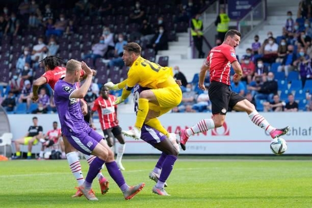 Fode Fofane of PSV, Nick Viergever of PSV during the Club Friendly match between VFL Osnabruck v PSV at the Bremer Brucke on July 10, 2021 in...