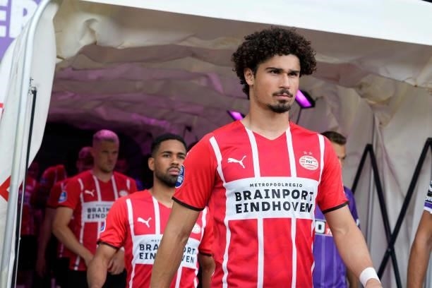Andre Romalho of PSV, Phillipp Mwene of PSV during the Club Friendly match between VFL Osnabruck v PSV at the Bremer Brucke on July 10, 2021 in...