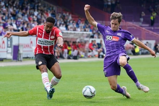 Phillipp Mwene of PSV during the Club Friendly match between VFL Osnabruck v PSV at the Bremer Brucke on July 10, 2021 in Osnabruck Germany