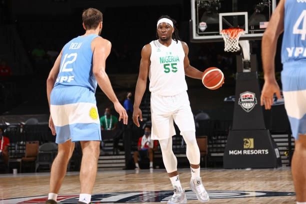 Precious Achiuwa of the Nigeria Men's National Team handles the ball during the game against the Argentina Men's National Team on July 12, 2021 at...