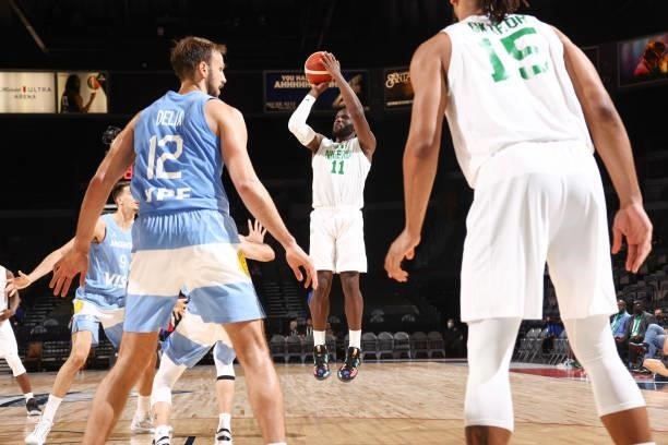 Obi Emegano of the Nigeria Men's National Team shoots the ball during the game against the Argentina Men's National Team on July 12, 2021 at Michelob...