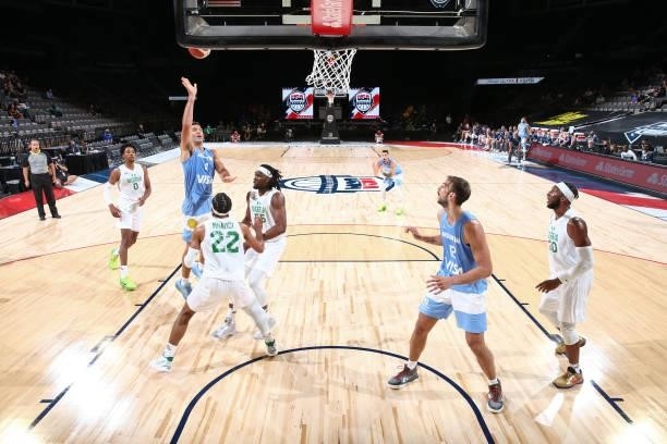 Luis Scola of the Argentina Men's National Team shoots the ball during the game against the Nigeria Men's National Team on July 12, 2021 at Michelob...