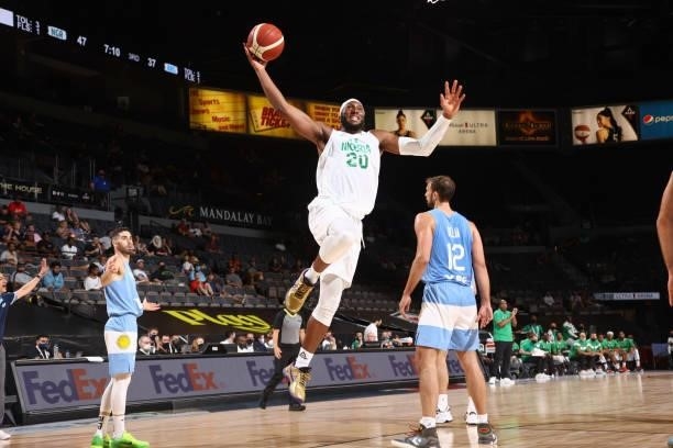 Josh Okogie of the Nigeria Men's National Team drives to the basket during the game against the Argentina Men's National Team on July 12, 2021 at...